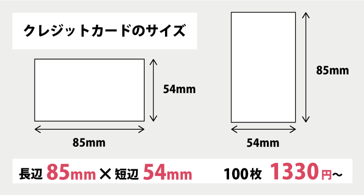 財布にもスッキリ収納できるクレジットカードサイズ、85mm×54mmで名刺・ショップカードを作成します。100枚1330円から。