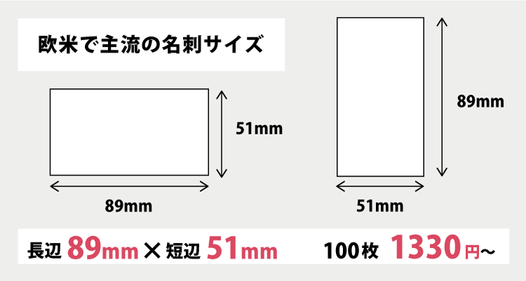 外資系勤務や海外出張が多い方や人気欧米サイズ、89mm×51mmで名刺・ショップカードを作成します。100枚1330円から。